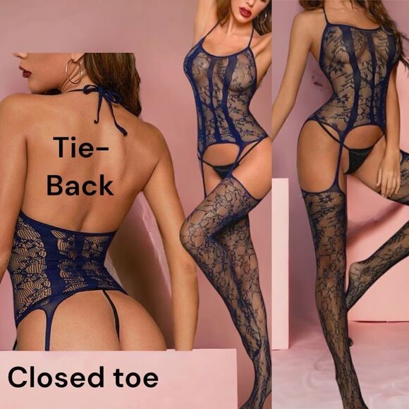 Dark Blue l OS l High-stretch l Mesh Garter Bodysuit l New - Picture 3 of 8